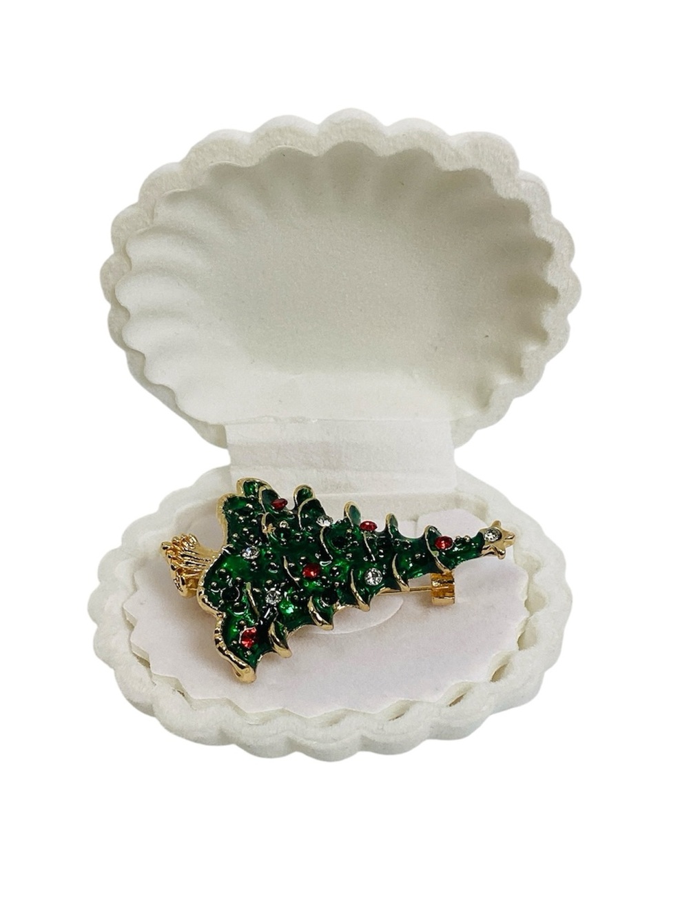 🍄 Gold-Tone Green Christmas Tree Brooch with Red Accents
